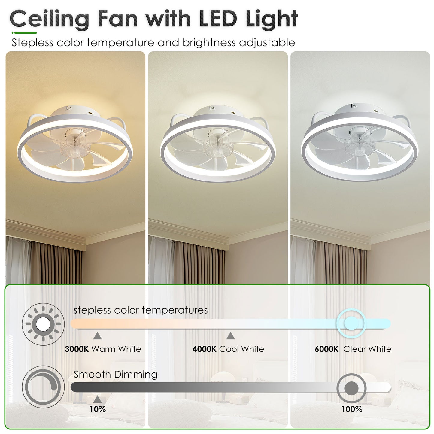 雅調光LEDライト付きシーリングファン ™ -快適さと洗練さを自在にコントロール!